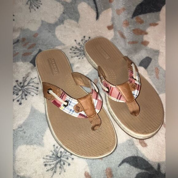 Sperry Plaid and Tan Sandals Women’s Size 5 Like New - Picture 1 of 5